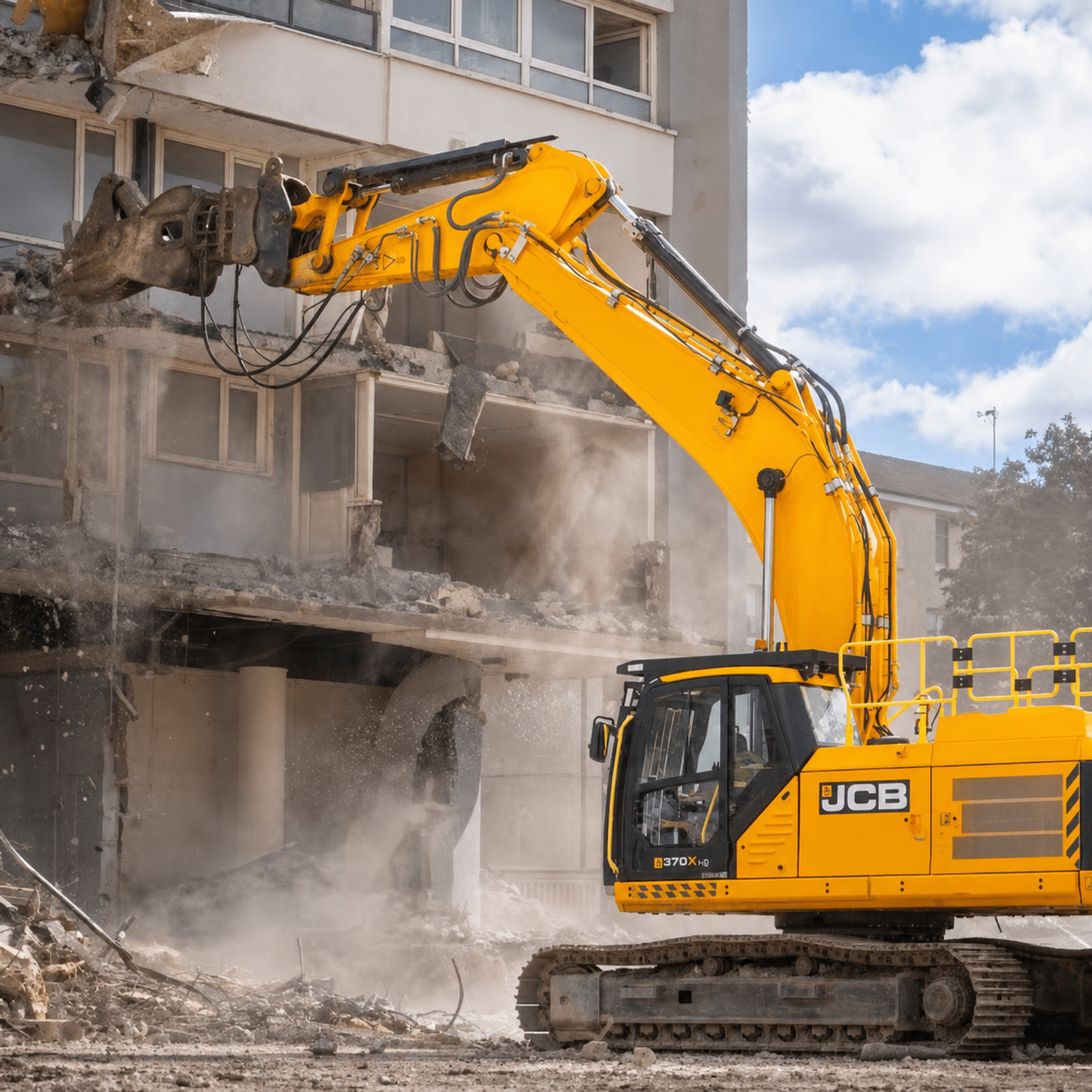 JCB high-reach excavator demolishing a concrete structure