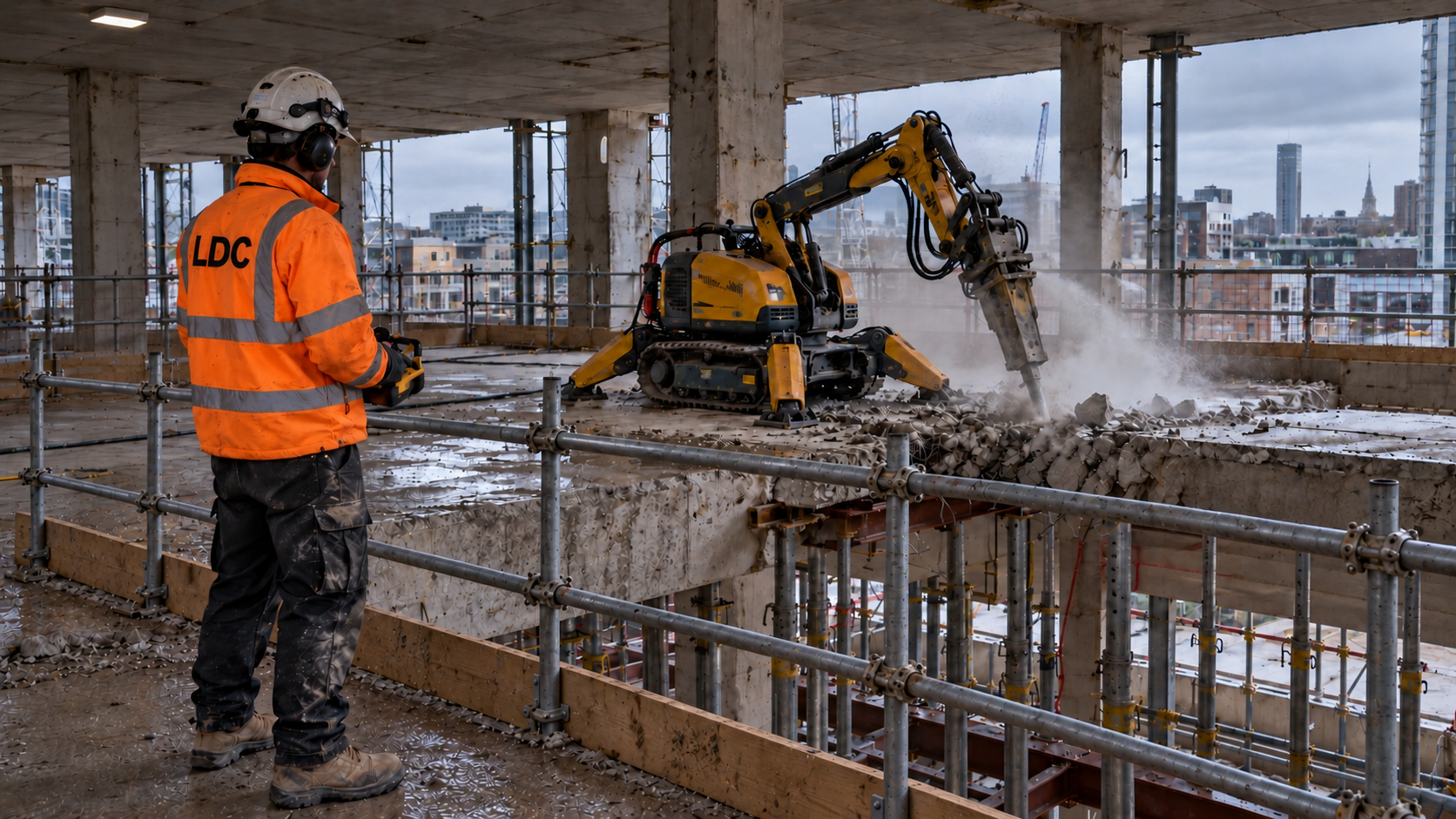 Brokk demolition robot breaking out a concrete floor with an operator in orange LDC hi-vis